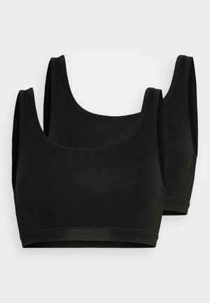 Musta bralette saumattomalla muotoilulla, leveillä olkaimilla ja sileällä pinnalla. Kaksi kappaletta esillä vierekkäin, joissa on pyöreä kaula-aukko.