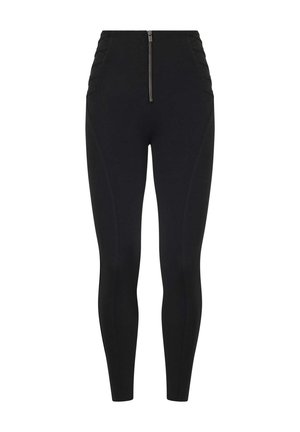 Leggings neri a vita alta con zip frontale, dotati di cuciture laterali e dettagli arricciati sui fianchi. Realizzati in un tessuto liscio ed elastico.