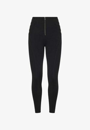 Leggings neri a vita alta con zip frontale, dotati di cuciture laterali e dettagli arricciati sui fianchi. Realizzati in un tessuto liscio ed elastico.