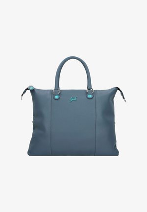 Borsa tote in pelle blu con doppi manici, finitura testurizzata, dettagli turchesi e logo frontale. Dotata di chiusura con zip e design spazioso.