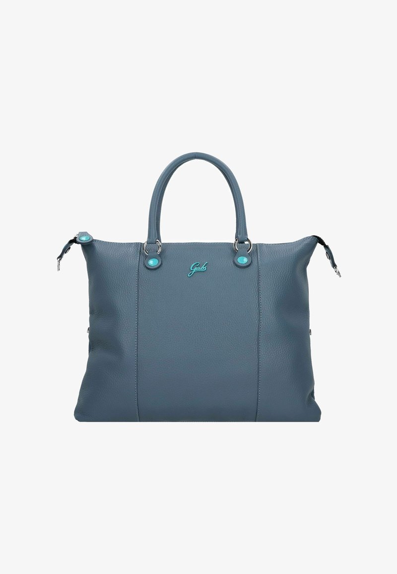 Bolso tote de cuero azul con asas dobles, acabado texturizado, acentos turquesa y un logo frontal. Cuenta con cierre de cremallera y diseño espacioso.