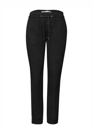 Pantalon de jogging noir fuselé avec taille élastique et cordon ajustable, doté de poches latérales et d'ourlets aux chevilles.