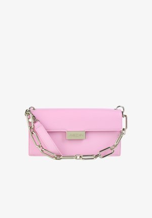 Rectangular pastel pink leather clutch with a flap closure and a chunky silver chain strap, featuring a gold Marc Cain logo plaque.