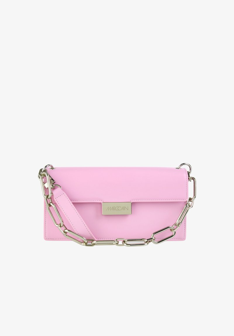Rectangular pastel pink leather clutch with a flap closure and a chunky silver chain strap, featuring a gold Marc Cain logo plaque.