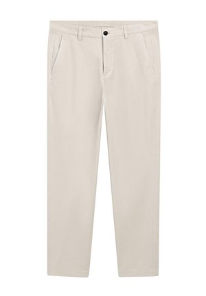 Beige Baumwollhosen mit geradem Bein, zwei Seitentaschen, einem einzigen Knopfverschluss und einer glatten Textur.