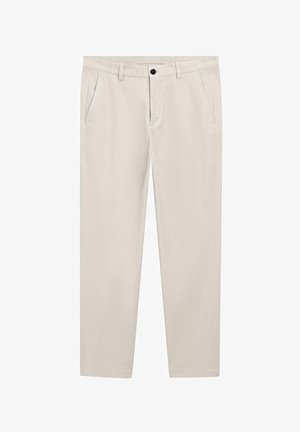 Beige cotton trousers with a straight leg design, two side pockets, a single button closure, and a smooth texture.