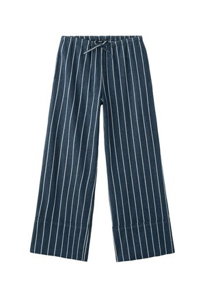 Marineblauwe wijde broek met witte verticale strepen, elastische tailleband en vooraan aantrekkoord.