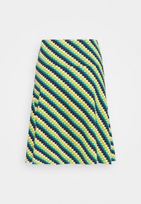 Monivärinen A-linjainen hame, jossa on geometristen kuvioiden sinisiä, vihreitä, keltaisia ja valkoisia sävyjä, sileällä pinnalla ja polvipituisena designina.