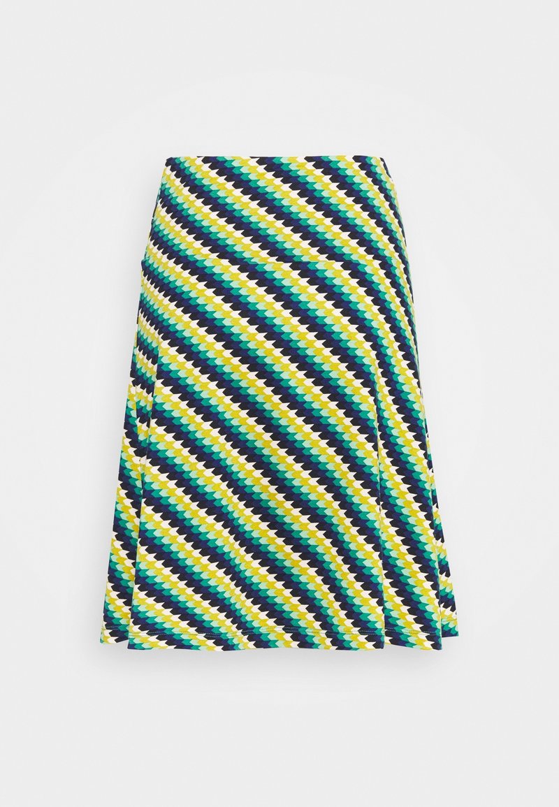 Bunt gemusterter A-Linien-Rock mit einem geometrischen Muster in Blau, Grün, Gelb und Weiß, mit einer glatten Textur und knielangem Design.