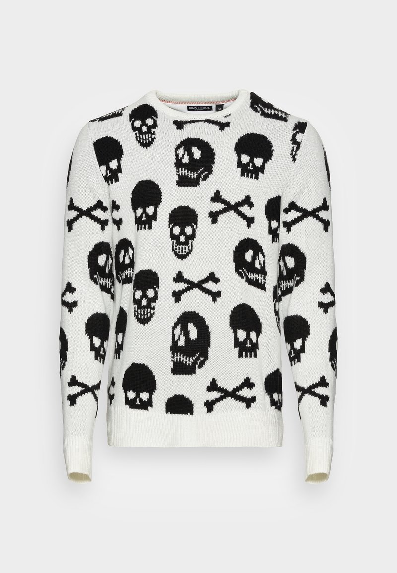 Weißer Pullover mit einem wiederkehrenden schwarzen Totenkopf- und Knochenmuster, Rundhalsausschnitt und gerippten Bündchen und Saum. Hergestellt aus Strickstoff.
