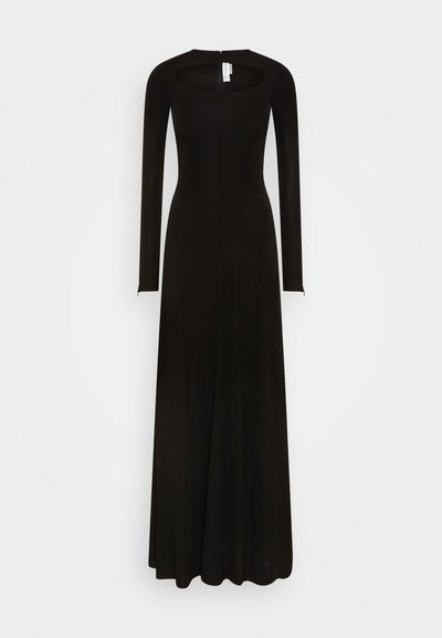 Vestido preto de manga comprida com corpo ajustado e saia fluida. Apresenta um decote redondo com um recorte em forma de olho-chave nas costas.