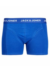 Blaue Baumwoll-Boxershorts mit figurbetontem Design, ausgestattet mit einem breiten blauen Bund, der den weißen Text "JACK & JONES" trägt. Glatte Oberfläche, ohne Muster.