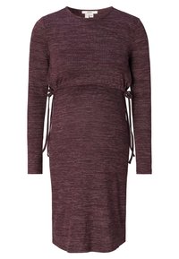 Gravidklänning i mörk burgunder, långa ärmar, strukturerad stickad tyg, justerbara dragsnören i midjan, rak siluett, rund urringning.