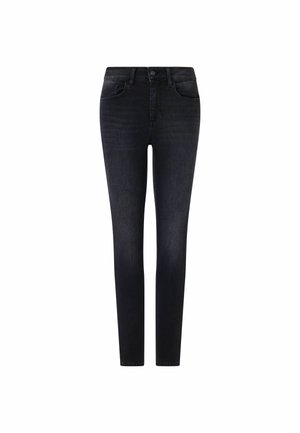 Jeans neri slim fit da donna con tasche frontali, passanti per cintura e chiusura con bottone, mostrati su sfondo bianco.