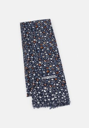 Navy blue scarf with small white, orange, and light blue floral pattern, frayed edges, and "Marc O’Polo" label.