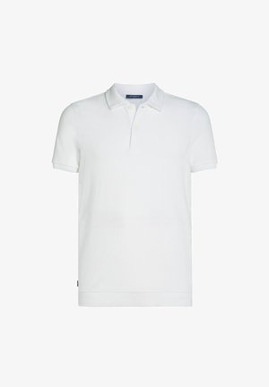 Weißes Poloshirt aus weichem Stoff, mit klassischem Kragen, einer Drei-Knopf-Leiste und kurzen Ärmeln mit geradem Saum.