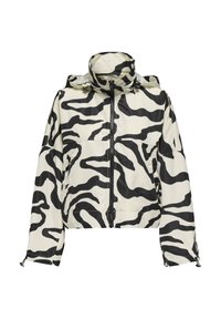 Giacca cropped in bianco e nero a strisce zebra, realizzata in materiale leggero. Presenta un colletto alto, una zip frontale e polsini regolabili.