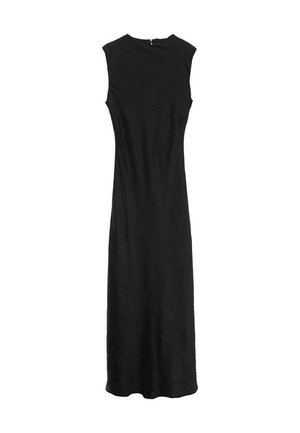 Svart ärmlös klänning med rund halsringning, knä-längd, textil med struktur och minimalistisk design. Inkluderar en dragkedja bak.