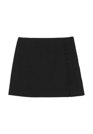 Gonna mini nera con un design strutturato, dotata di un dettaglio con bottone su un lato e un tessuto liscio e testurizzato. Taglio semplice e moderno.