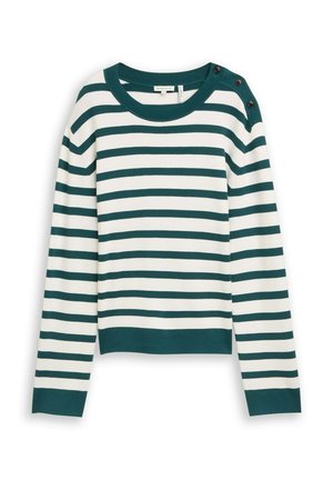 Long-sleeve white sweater with dark green horizontal stripes, dark green neckline, cuffs, hem, and three dark buttons on left shoulder.