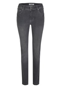 Dunkelgraue Jeans aus Denim mit taillierter Passform, ausgestattet mit frontalen Taschen, einem Reißverschluss und Knopfverschluss sowie dezenten Ausbleichungen entlang der Beine.