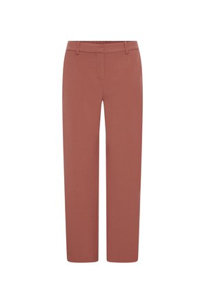 Rust-colored straight-leg trousers with belt loops and a concealed front zipper closure, no visible pockets or additional details.