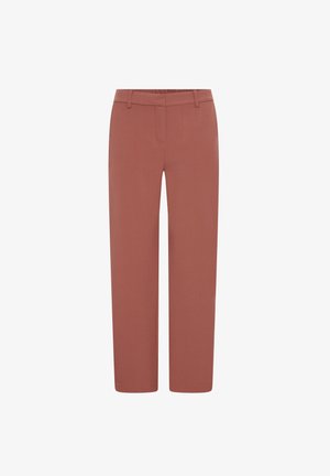 Rust-colored straight-leg trousers with belt loops and a concealed front zipper closure, no visible pockets or additional details.