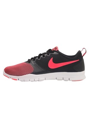 Black and red Nike athletic shoe with white sole, mesh front, laces, and the Nike swoosh logo on the side.