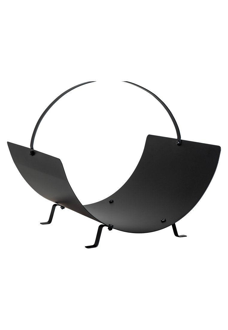 Schwarzer Metallholzhalter mit geschwungenem, offenem Design; verfügt über einen runden Griff und zwei stützende Beine. Glatte Oberfläche und modernes ästhetisches Erscheinungsbild.