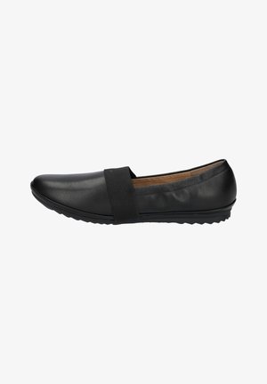 Sort slip-on sko med glat læderoverflade, elastikbånd hen over overlæderet, rundet tå og tekstureret gummisål.