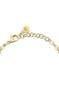 Bracciale in oro con maglie ovali e rotonde. Dotato di chiusura a gancio e di un ciondolo circolare con un design a foglia. Finitura liscia e lucida.