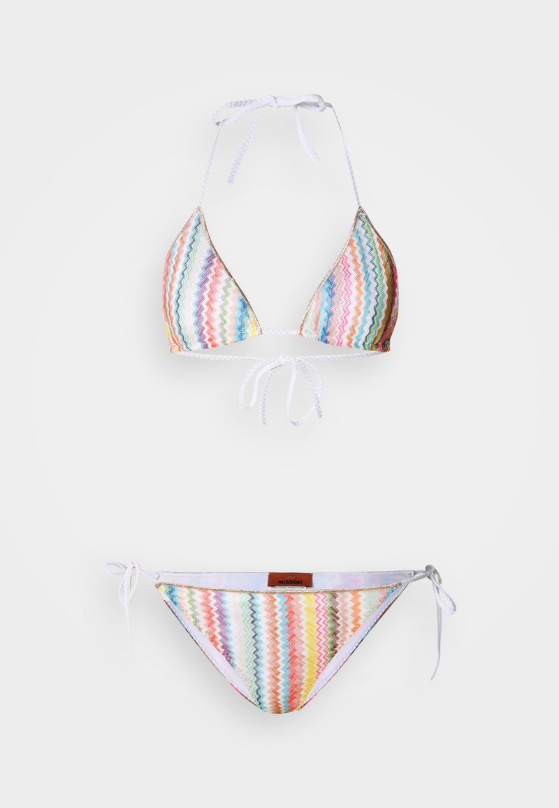 Multicolored bikini set featuring a zigzag pattern in pastel hues. The triangle top has adjustable ties; the bottom has side ties.