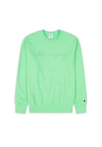 Mint green long-sleeve Champion sweatshirt with embroidered logo on chest and small Champion emblem on left wrist cuff.