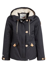 Veste noire imperméable avec une capuche doublée beige, des boutons en bois, deux poches avant et des cordons ajustables au niveau du col.