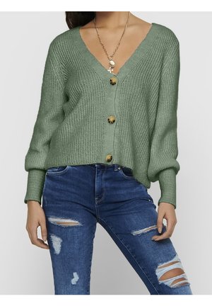 Femme portant un cardigan tricoté vert clair boutonné, un collier en or et un jean skinny bleu déchiré sur un fond uni.