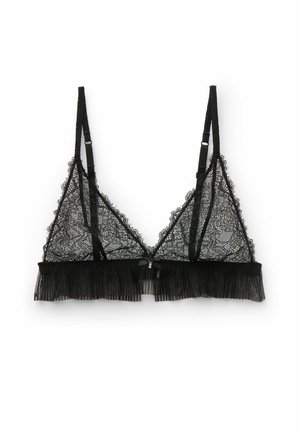 Bralette en dentelle noire de forme triangulaire, avec un ourlet à franges, des bretelles ajustables et un petit nœud au centre devant.