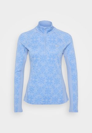 Light blue long-sleeve top featuring a zip collar, textured fabric with geometric patterns, and fitted design.