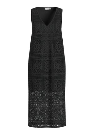 Černé midi šaty bez rukávů s výstřihem do V, zdobené geometrickým květinovým krajkovým vzorem a poloprůhledným lemem.
