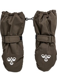 Bruna vattentäta vantar med elastiska muddar och justerbara remmar, med en vit logotyp på varje vante. Texturerad tyg för bättre grepp.