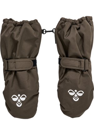 Braune wasserdichte Fäustlinge mit elastischen Bündchen und verstellbaren Riemen, jeweils mit einem weißen Logo auf jedem Fäustling. Textiles Material für einen besseren Griff.