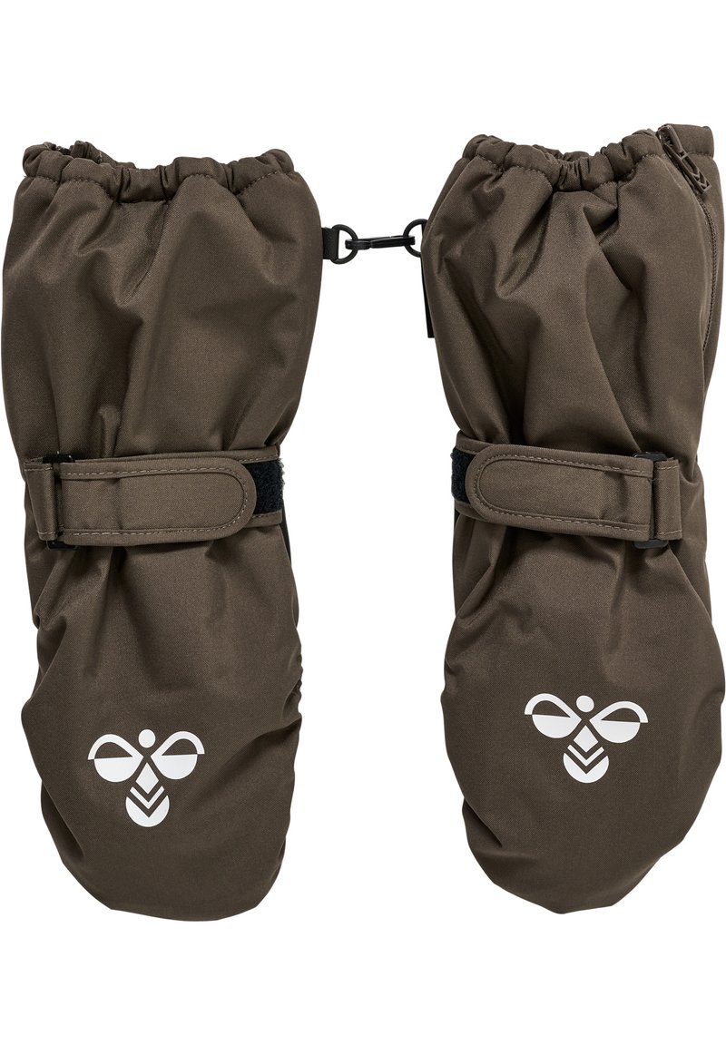 Bruna vattentäta vantar med elastiska muddar och justerbara remmar, med en vit logotyp på varje vante. Texturerad tyg för bättre grepp.