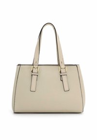 Beige läder tote-väska med strukturerad design, dubbla bärhandtag, svart kant och detaljer i guldton. Slät yta med synlig ådring.