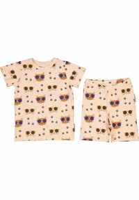 Lyhyet hihaset vaaleanpunaiset pyjamapuvut, joissa on kissojen painatus aurinkolaseilla. Mukana t-paita ja shortsit, molemmat pehmeää puuvillakangasta.