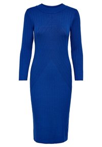 Robe en tricot côtelé bleu à manches longues, col rond et silhouette ajustée. Présente une texture géométrique et une longueur mi-mollet.