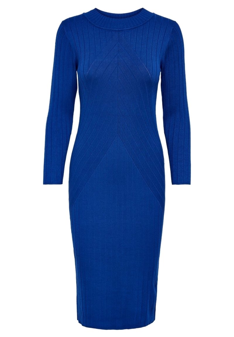 Robe en tricot côtelé bleu à manches longues, col rond et silhouette ajustée. Présente une texture géométrique et une longueur mi-mollet.