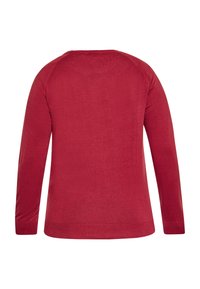 Roter Pullover mit langen Ärmeln, rundem Ausschnitt, nahtlosen Schultern und gerippten Bündchen und Saum. Glatte Textur, keine sichtbaren Muster oder Beschläge.