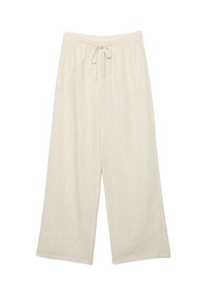Pantaloni a gamba larga color crema con elastico in vita e coulisse, tessuto strutturato con cuciture verticali sottili.