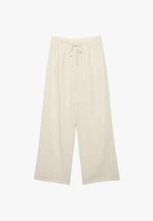 Pantaloni a gamba larga color crema con elastico in vita e coulisse, tessuto strutturato con cuciture verticali sottili.