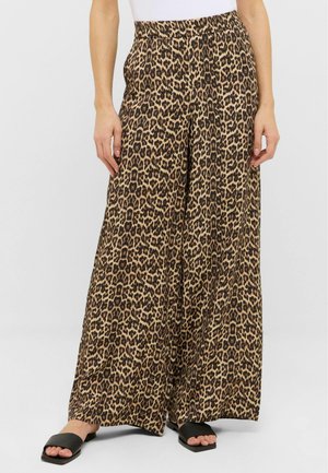 Leopard-print wide-leg pants in shades of brown and black, featuring a high elastic waistband and soft, lightweight fabric.