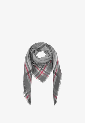 Gray plaid scarf with fringe edges, featuring a mix of light and dark gray patterns with red accents. Soft fabric texture. Triangle shape.